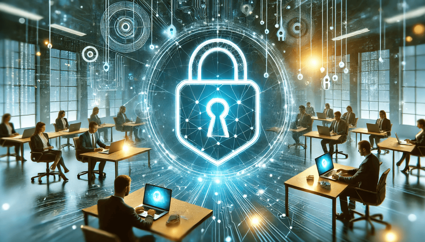 in futuristisches Bild, das die Bedeutung von IT-Sicherheit in Unternehmen visualisiert. Im Mittelpunkt steht ein leuchtendes Schloss-Symbol, das von digitalen Netzwerkverbindungen und Datenströmen umgeben ist. Im Hintergrund arbeiten Geschäftspersonen an Laptops in einem modernen Büro, was die Verbindung zwischen Technologie und sicherem Arbeiten symbolisiert.