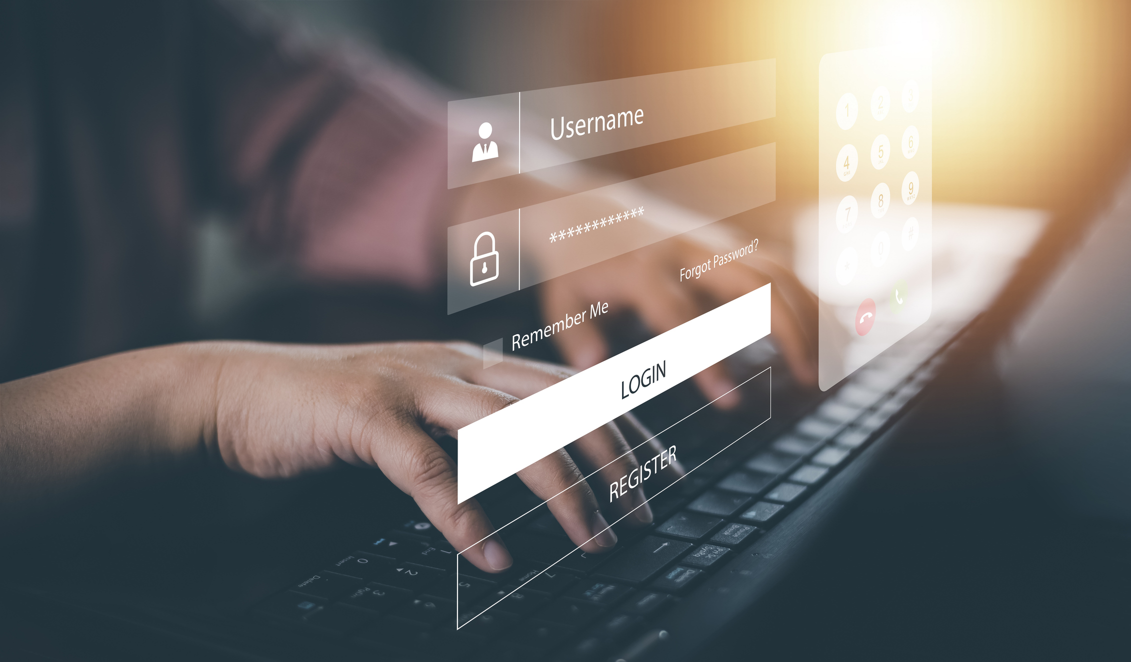Login-Maske mit Benutzername und Passwort auf einem virtuellen Interface über einer Tastatur – symbolisiert Datenschutzmaßnahmen bei Online-Plattformen.