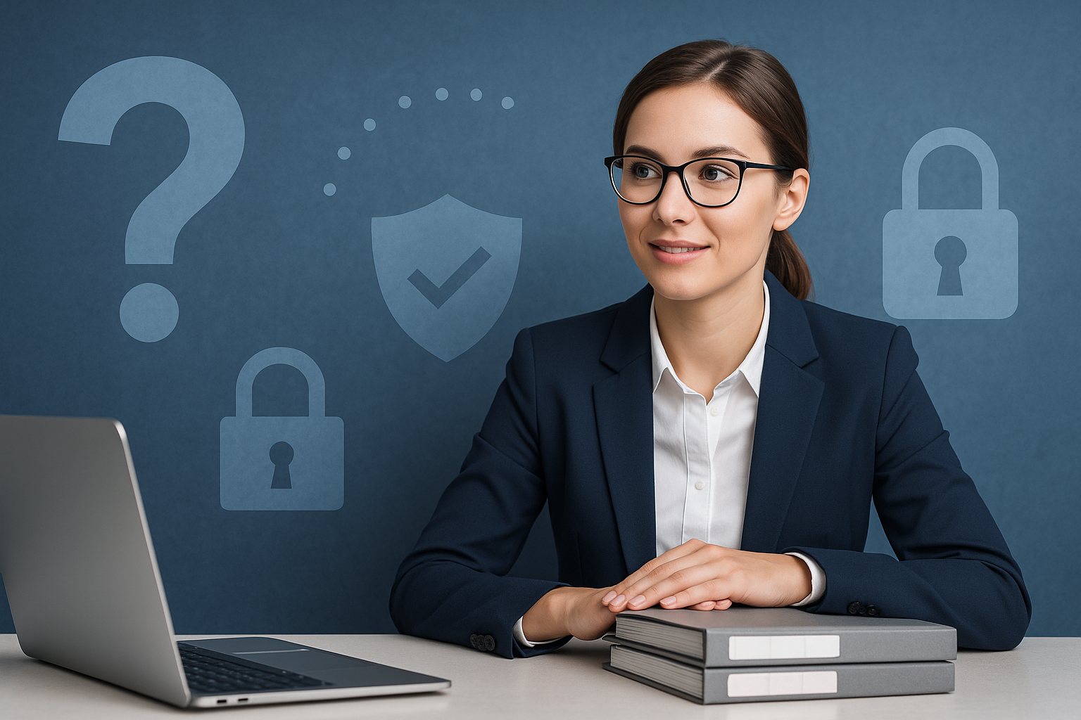 Professionelle Beraterin vor Datenschutzsymbolen wie Fragezeichen, Schloss und Schild – ideal für FAQ externer Datenschutzbeauftragter