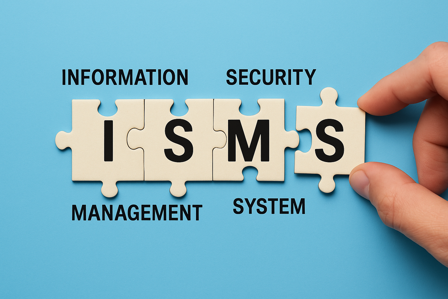 Symbolbild für ISMS (Information Security Management System): Vier Puzzleteile mit den Buchstaben I-S-M-S, ergänzt durch die Begriffe Information, Security, Management und System. Ein männlicher Finger fügt das letzte Puzzlestück ein, auf hellblauem Hintergrund.